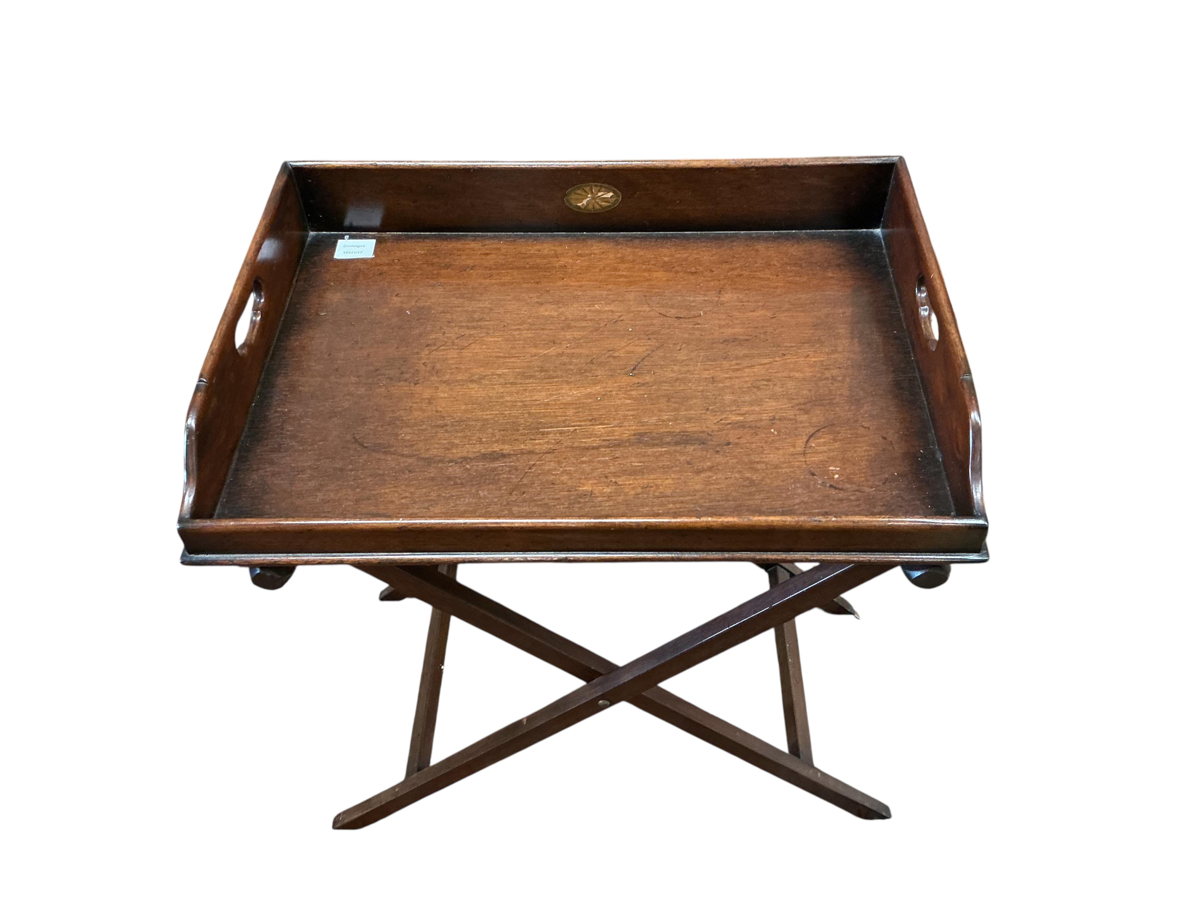A reproduction inlaid mahogany butler's tray on folding stand, width 66cm, depth 45cm, height 78cm
